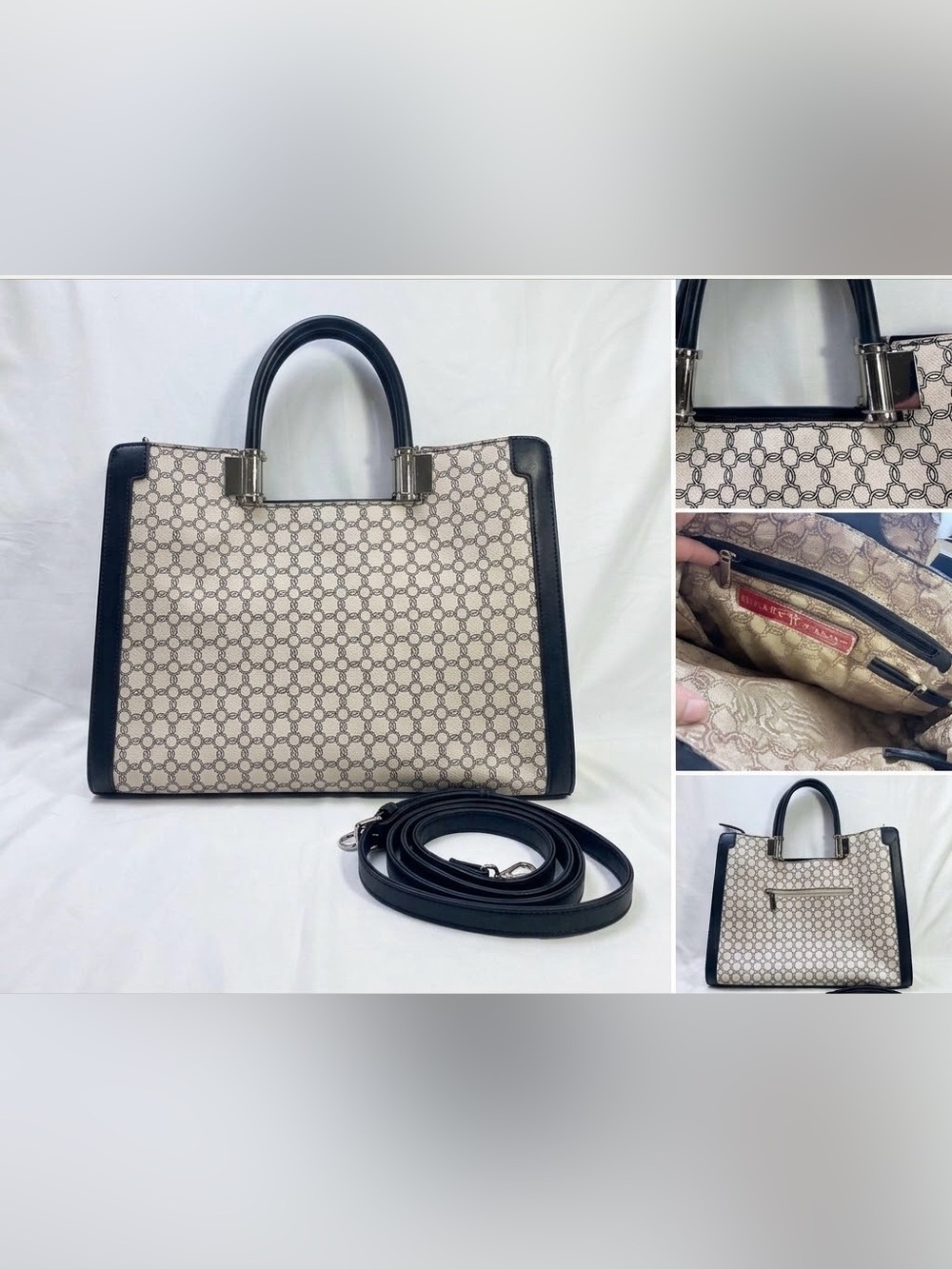 Ivanka Trump Monogram Satchel Bag Black Cream Structured Shoulder Tote Purse